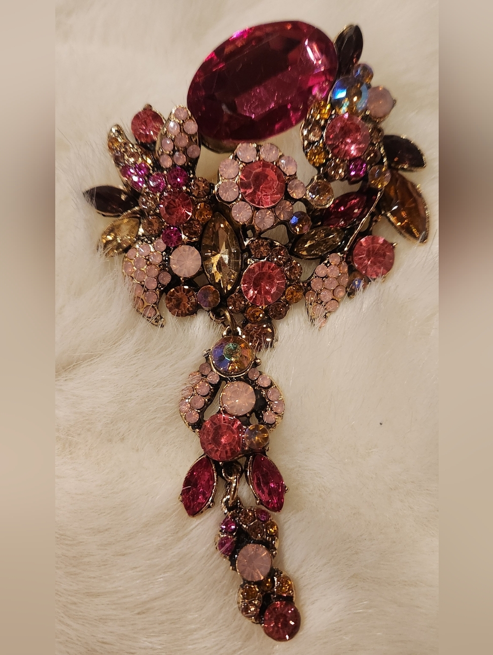 Pink and Gold Crystal Floral Brooch/ Pendant /Necklace - Women Jewelry 3×4.5"